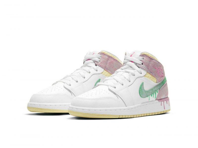 Nike Air Jordan 1 Mid GS Paint Drip белые с розовым кожаные женские (35-39)